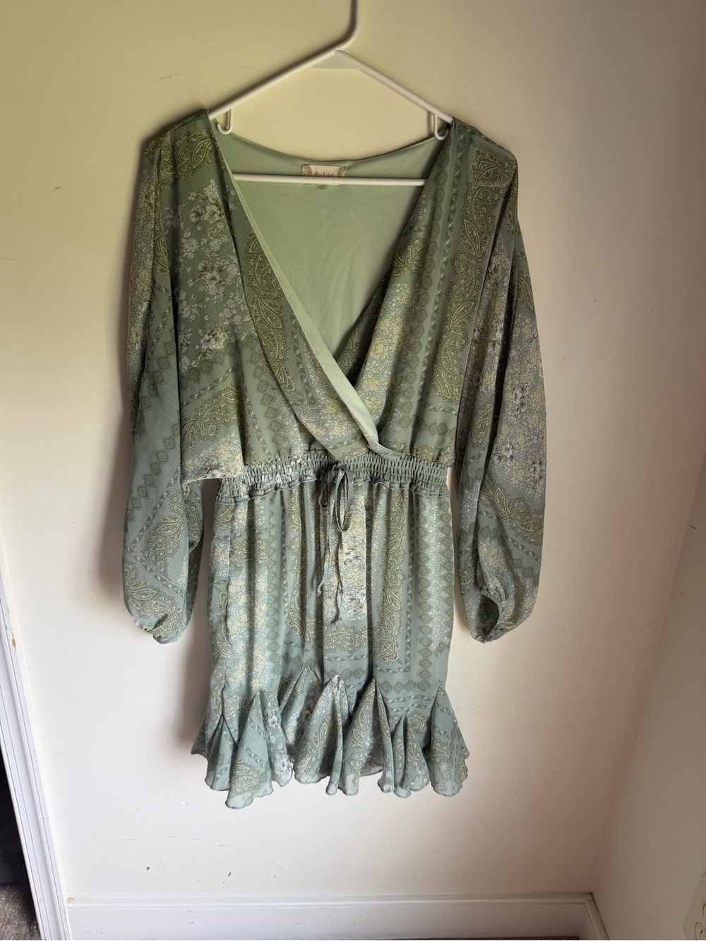 Altar'd State Olive Green Paisley Wrap Mini Dress - Picture 2 of 6